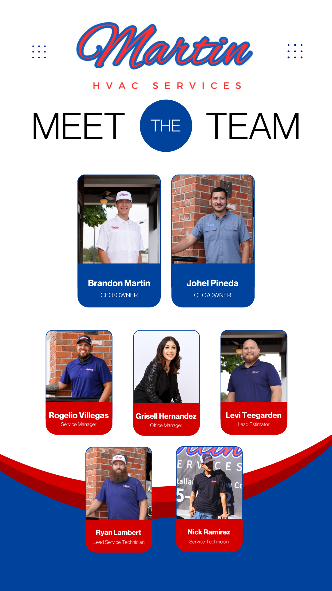 Image of Brandon Martin Owner Johel Pineda CFO Owner Rogelio Villegas Services Manager Grisell Hernandez Office Manager Levi Teergarden Lead Estimator Ryan Lambert Lead Service Technician Nick Ramirez Service Technician