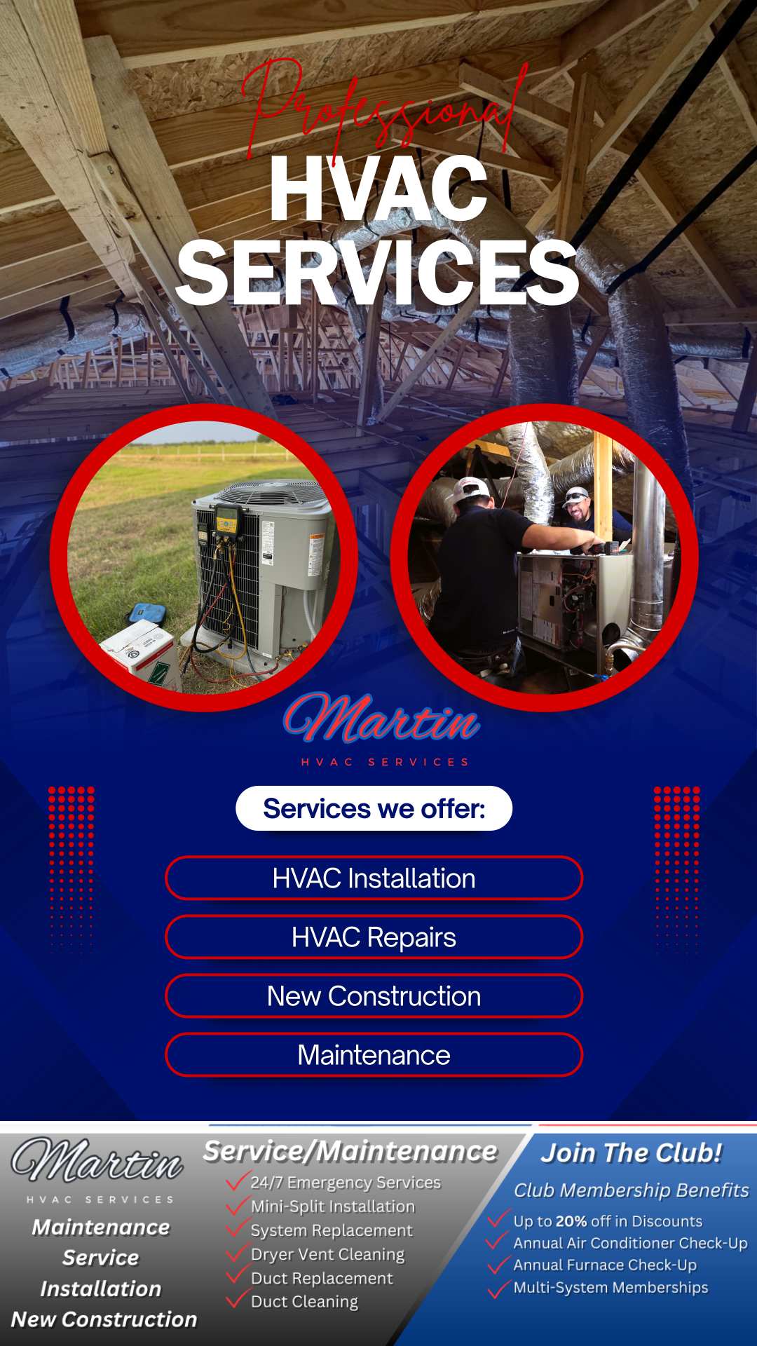 Image HVAC crew working on AC systems and List of services offered HVAC maintenance, repairs new contruction and installation